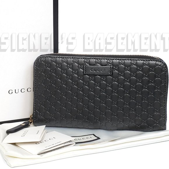 GUCCI black MICRO GUCCISSIMA leather Zip around checkbook Wallet Clutch Purse